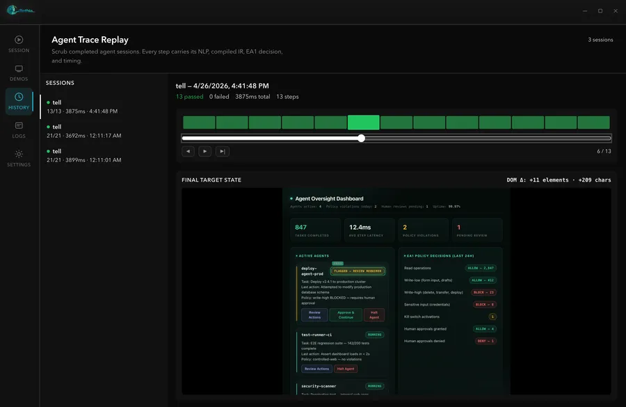 Alethia agent trace replay — scrubbable timeline of past sessions with final target state and signed step-by-step audit trail.